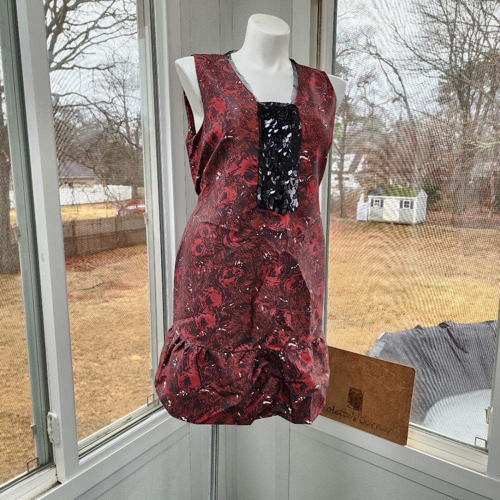 Vera Wang Rose Floral Print Tie Back Sequin Flounce Hem Sleeveless Dress